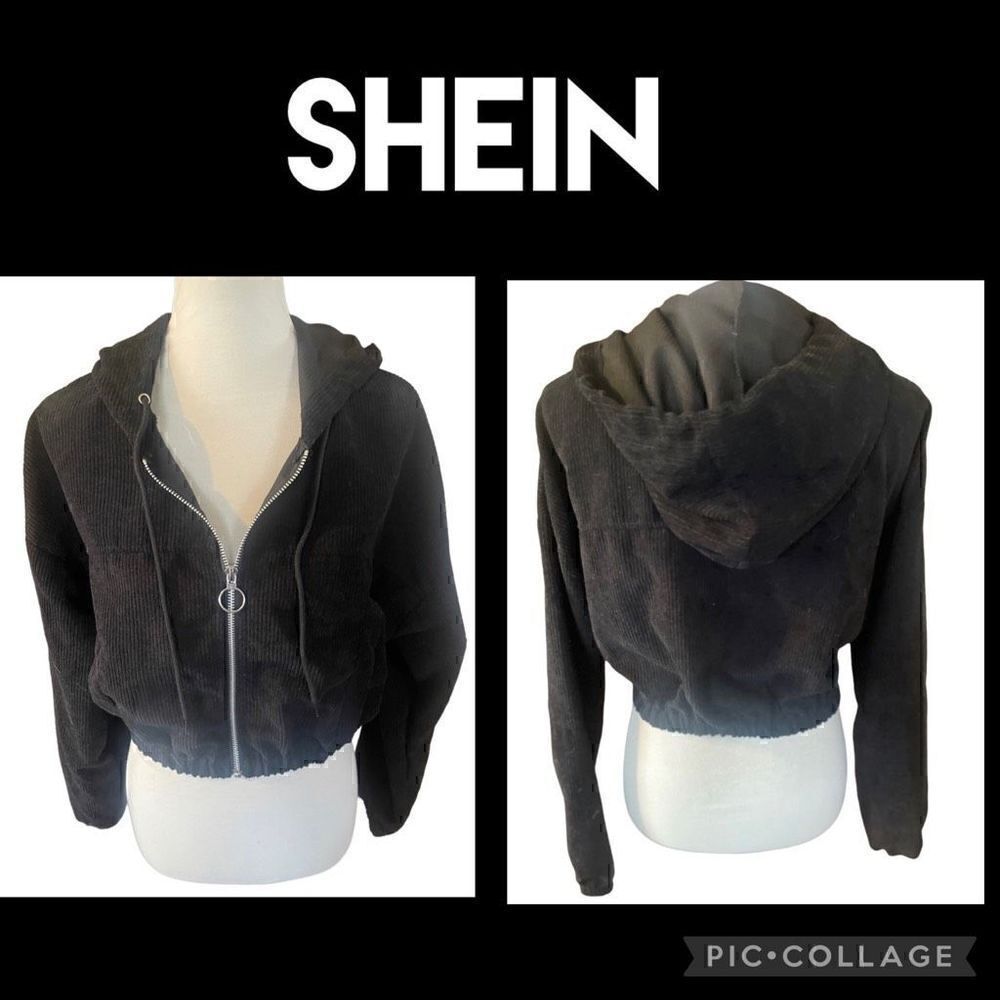 SHEIN Black Cropped Corduroy Hooded Long Sleeve Full Zip Jacket Size Small-NWOT